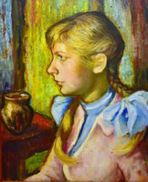 Soldier Kiss Ferenc (1909 - 1995) girl portrait with ceramic vase 1964