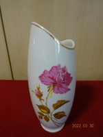 Hollóházi porcelán váza, ciklámen színű virággal, jelölése 508. Vanneki! Jókai.