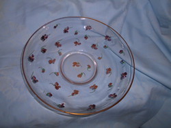 Parádi antik zománcfestett üveg tál, asztalközép ibolya díszítéssel 23 cm
