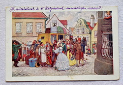 Old biczó painting postcard 'old good times' in Hungary 