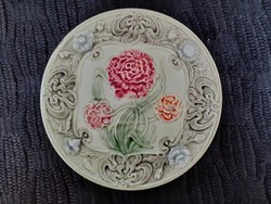 Csodálatos, német ART NOUVEAU majolika tányér, szecesszió, mosott zöld, szép virágok