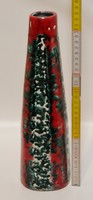 Applied art, splattered green polka dots, red glazed ceramic vase (2175)