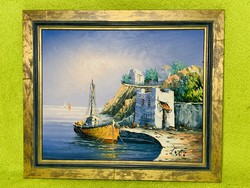 Cheerful Mediterranean boat view, oil on canvas,