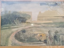 Somos Miklos lakeside visit watercolor paper size 50 × 62cm frame paszpartu sometimes stained excellent