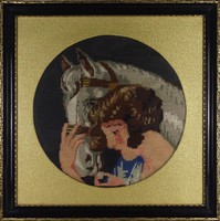 1I549 Antik gobelin : Ló és nő portré 57 x 57 cm