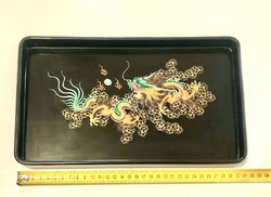 Kinai sárkányos festett fekete lakk tálca