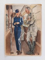Old postcard 1945 art drawing postcard soldier guide train