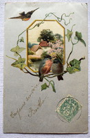 Antik ezüst hátterű üdvözlő képeslap vörösbegyek tájképpel