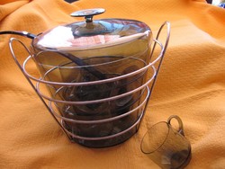 WMF Wagenfeld füst színű üveg bólés készlet fém kosárban, merőkanállal
