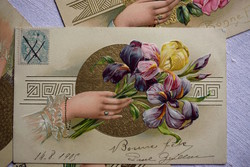 Antik dombornyomott üdvözlő képeslap sorozatból virágot tartó kéz  írisz