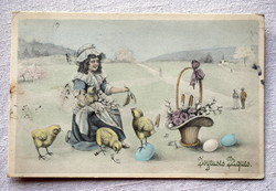 Antik V.V. Vienne grafikus Húsvéti üdvözlő képeslap kisleány csibékkel
