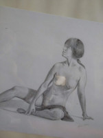 Graphics, original picture frame, drawing of sitting female nude, naked girl