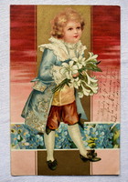 Antik romantikus üdvözlő litho  képeslap kis barokk lovag liliommal