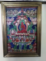 Gyógyító Buddha tibeti Thangka buddhista festmény réz keretben.
