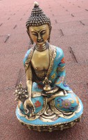 Meditating buddha - antique bronze statue with cloisonné enamel