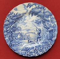Angol kék jelenetes porcelán kistányér süteményes tányér The Hunter by Myott kutya vadász