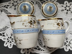 Pair of hand-painted, gilded, parsley-patterned, porcelain spouts with lavish snow-white lids