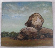 Old signed oil wood fiber painting 47 x 41 cm