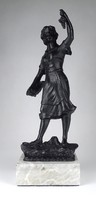 1I456 Old Painted Tin Casting Flower Picker Woman Statue on Pedestal 43 cm