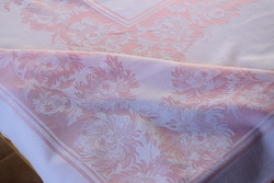 Art Deco régi damaszt asztalterítő terítő abrosz rózsaszín virág minta 156 x 126 FOLTOS
