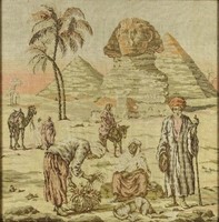 1I466 Régi orientalista tűgobelin Egyiptomi tájkép piramisokkal keretben 53.5 x 52.5 cm
