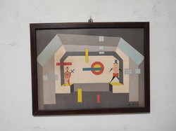 A.W. 63- Signed 'bauhaus' style painting. Oil cardboard on the back labeled 