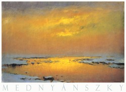 Mednyánszky László Téli folyó, művészeti plakát, havas folyópart naplemente klasszikus magyar festők