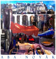 Aba-Novák Vilmos Régi tengerparti város 1930, művészeti plakát, mediterrán Adria viadukt csónakok