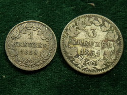 1 Kreuzer 1859, 3 Kreuzer 1851 Bayern