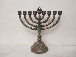 Antik patinás öntött réz hanuka 9 ágú menora zsidó gyertyatartó hanukia judaika 5435