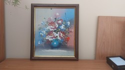 (K) Szép kisebb méretű  virágcsendélet festmény 27x23 cm kerettel