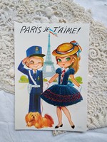 Vintage selyemfonállal hímzett képeslap,Párizs Eiffel torony, divat, kutyus, 70-es évek