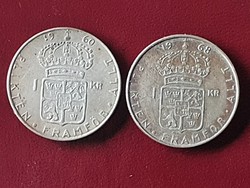 Svédország 2 db szép ezüst 1 Korona 1960-1968.