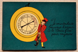 Antik francia humoros grafikus üdvözlő  képeslap  az idő megállításáról