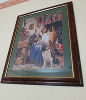 Kutya hímző asszonnyal nagy gobelin falikép