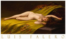 Luis Falero Csábítás 1893 festmény művészeti plakátja, erotikus fekvő női akt sárga kendőn
