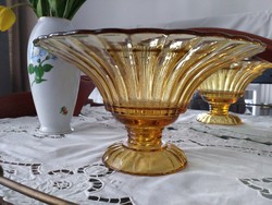 Art Deco Walther &Sohne, talpas borostyán színű üveg gyümölcsös tál, asztal közép