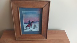 (K) a painting with an interesting atmosphere, a horse riding in a snowfall.