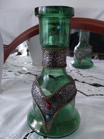 Zöld üveg váza, kövekkel díszítve, Shisha 23 cm