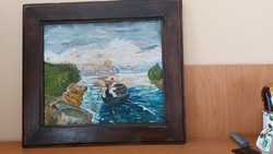 (K) old boat painting with frame 46x41 cm.