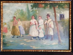 Kiss j. Zoltán: village life picture oil, wood fiber painting, original frame, flawless 63 cm