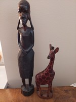Afrikai faszobor zsiráf és női szobor faragás 33 cm
