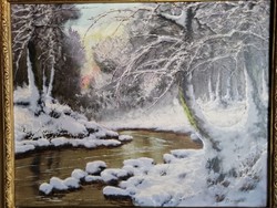 Dandé József: Téli patakpart olaj, vászon festmény, hibátlan 72 x 60 cm