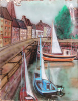 Tűzzománc festmény, XX sz első fele: Hajók a városban