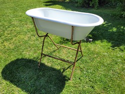 Régi vintage zománcozott Lampart babafürdető mély zománc kád gyerek kád babakád állvánnyal