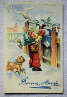 Art Deco Luce André francia Újévi üdvözlő képeslap grafikus gyerek kutyus  tél