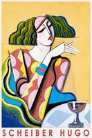 Scheiber Hugó Bárhölgy, art deco avantgarde művészeti plakát, női portré bár kávézó ital az asztalon