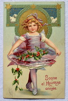 Antik dombornyomott Újévi üdvözlő képeslap kislány kisleány téli táj csillagok