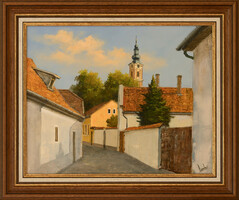Stock sale! György Lantos oil painting entitled Szentendre, with certification!