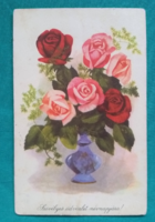 Régi virágos képeslap ,rajz Darvas Árpád , " Rózsacsokor vázában "